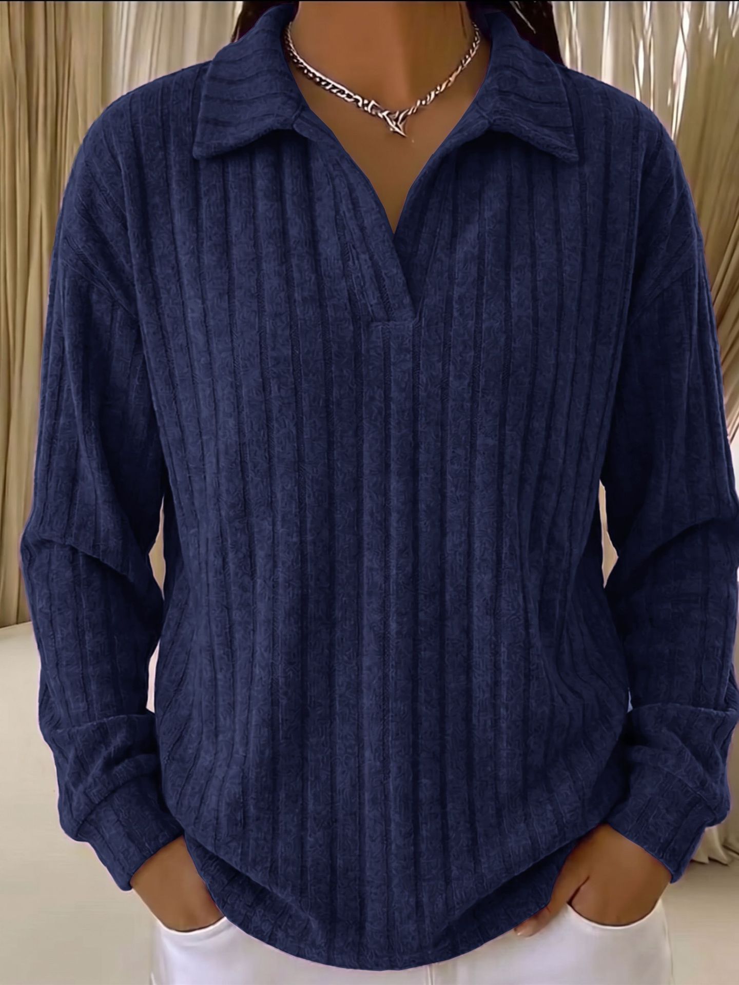 Women’s Ribbed Collared Pullover Top – Long Sleeve Textured V-Neck Casual Shirt with Curved Hem