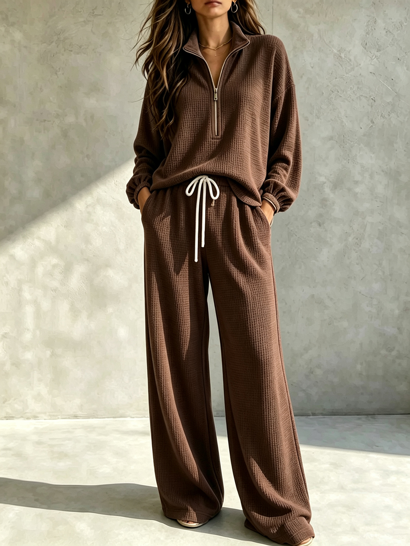 Women’s Waffle Knit Lounge Set – Half Zip Pullover & Wide Leg Pants 2 Piece Casual Outfit