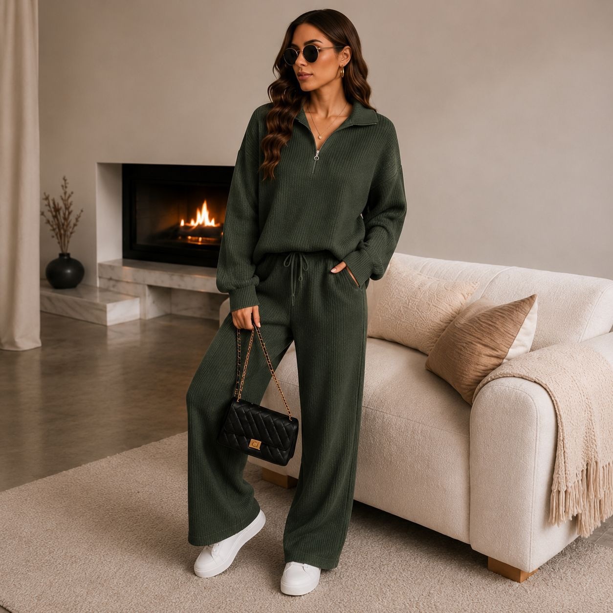 Women’s Ribbed Half Zip Co-ord Set – Relaxed Jumper & Wide Leg Trousers Loungewear
