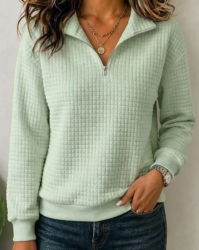 Women’s Quilted Quarter Zip Pullover – Textured Long Sleeve Casual Sweatshirt with Stand Collar