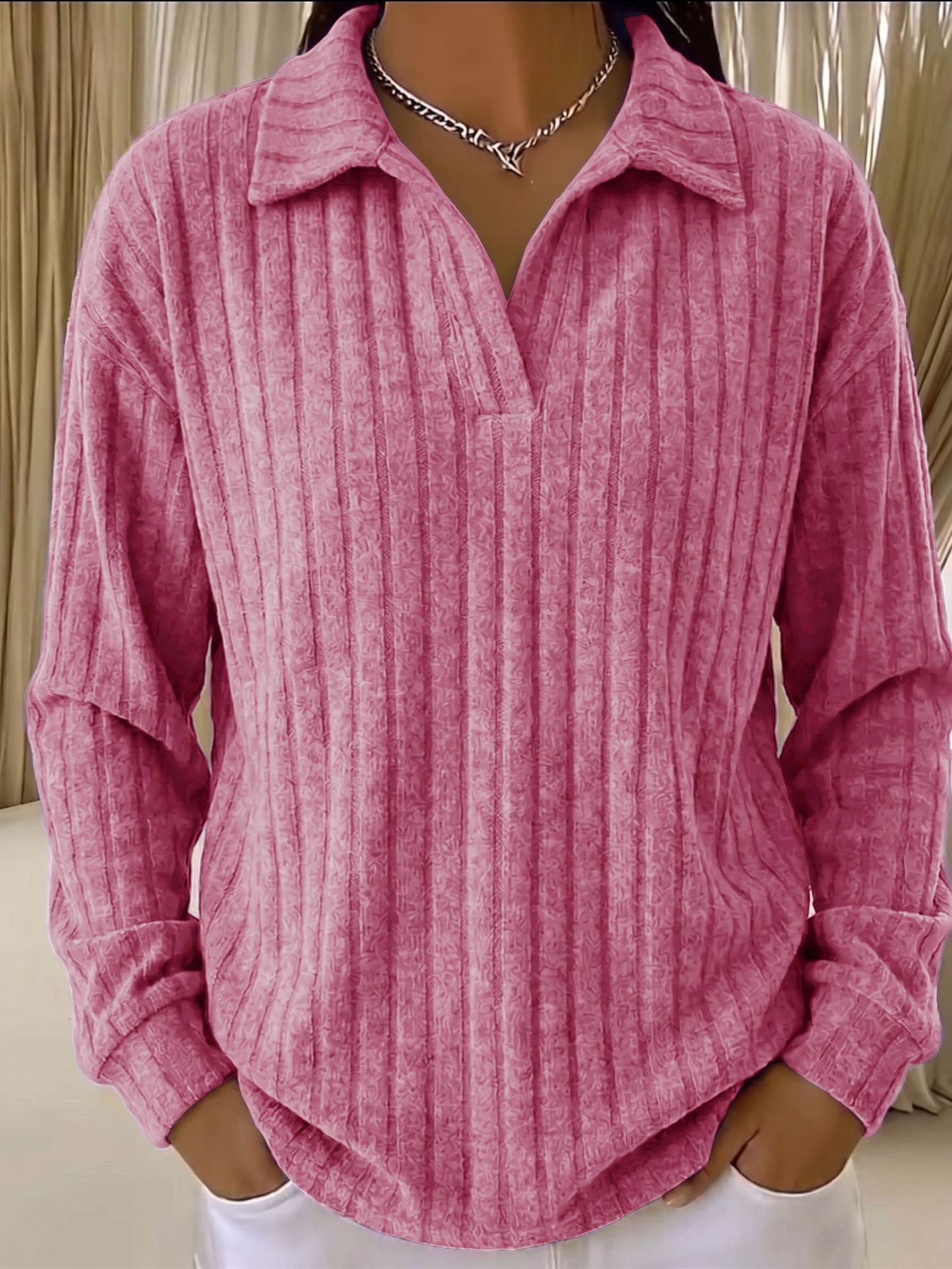Women’s Ribbed Collared Pullover Top – Long Sleeve Textured V-Neck Casual Shirt with Curved Hem