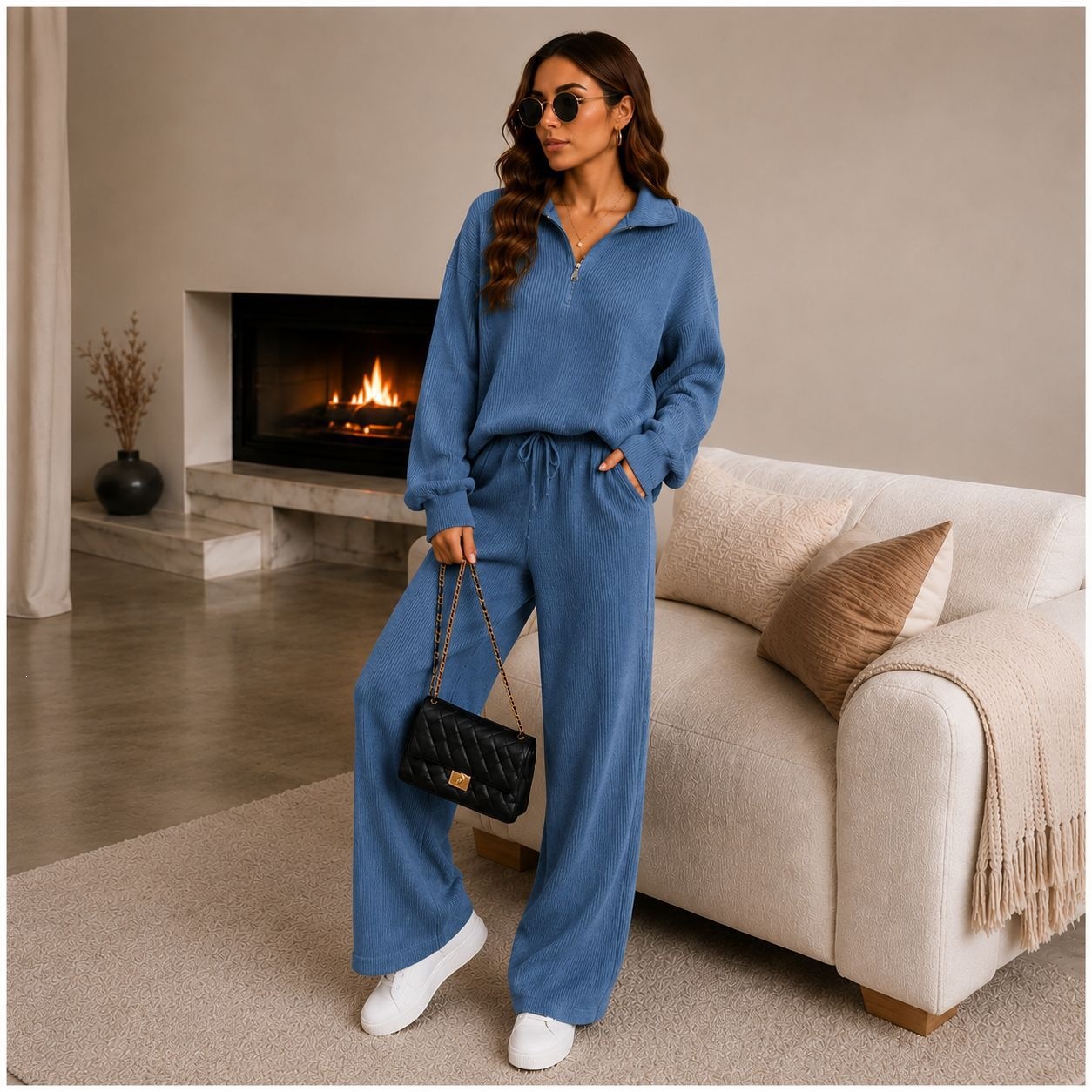 Women’s Ribbed Half Zip Co-ord Set – Relaxed Jumper & Wide Leg Trousers Loungewear