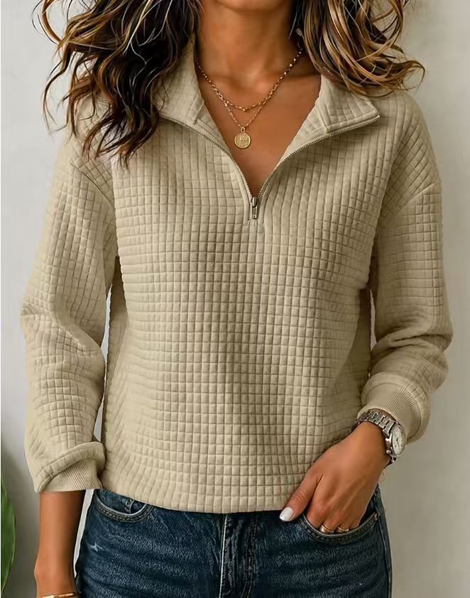 Women’s Quilted Quarter Zip Pullover – Textured Long Sleeve Casual Sweatshirt with Stand Collar