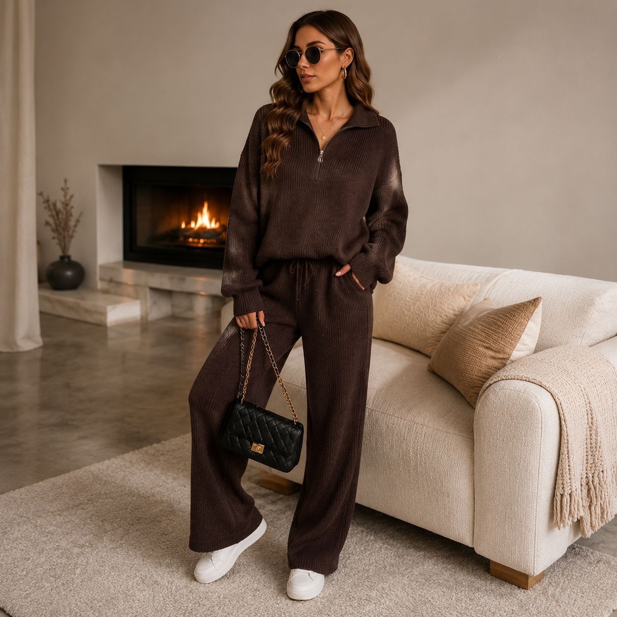 Women’s Ribbed Half Zip Co-ord Set – Relaxed Jumper & Wide Leg Trousers Loungewear