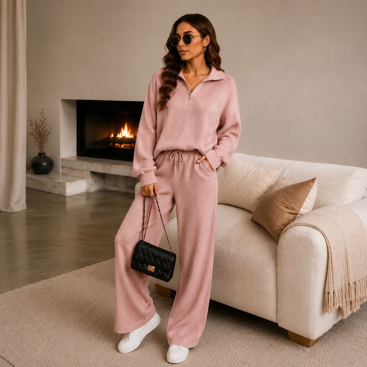 Women’s Ribbed Half Zip Co-ord Set – Relaxed Jumper & Wide Leg Trousers Loungewear