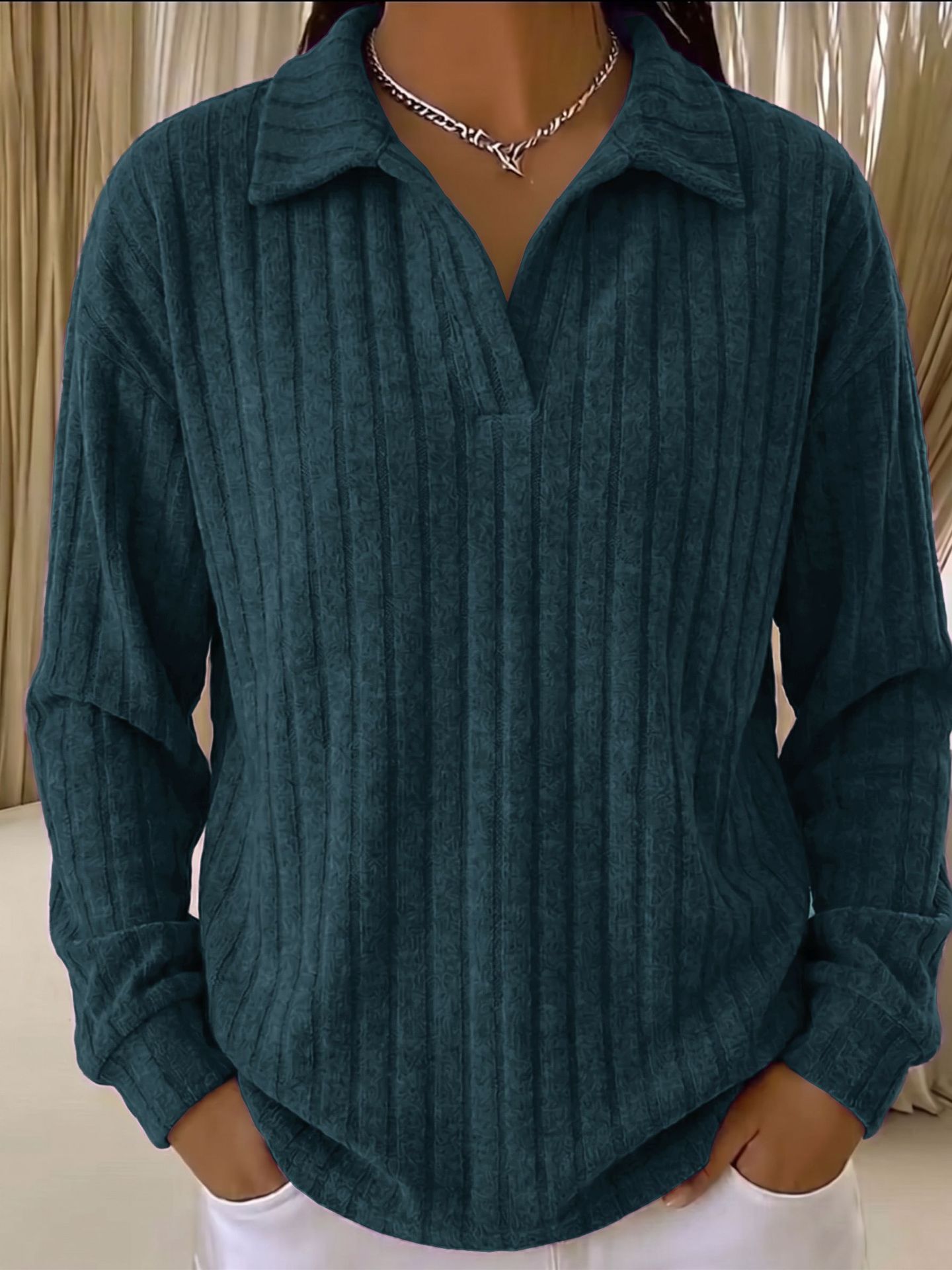 Women’s Ribbed Collared Pullover Top – Long Sleeve Textured V-Neck Casual Shirt with Curved Hem