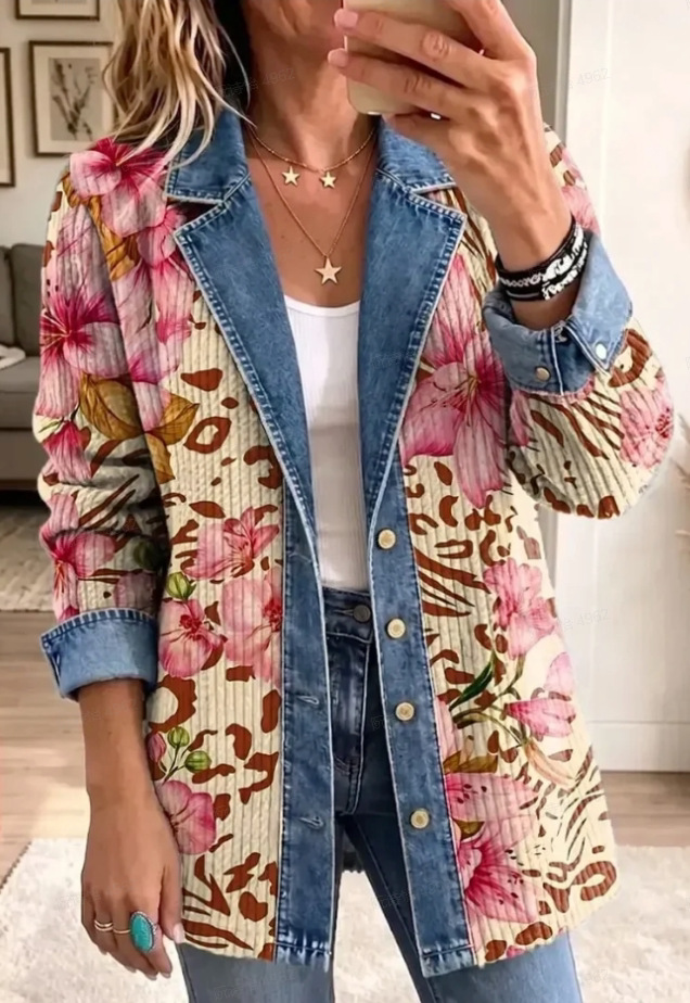 Women's Patchwork Coatigan – Relaxed Fit Denim Trim Button-Up Jacket
