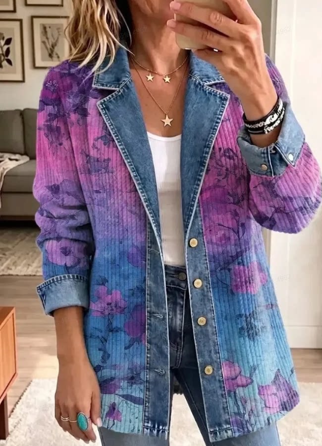 Women's Patchwork Coatigan – Relaxed Fit Denim Trim Button-Up Jacket