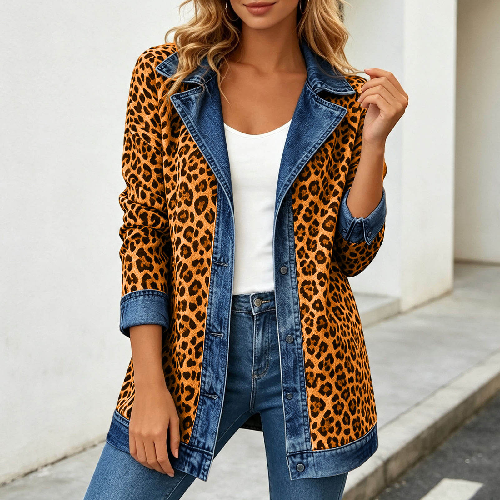 Women's Patchwork Coatigan – Relaxed Fit Denim Trim Button-Up Jacket