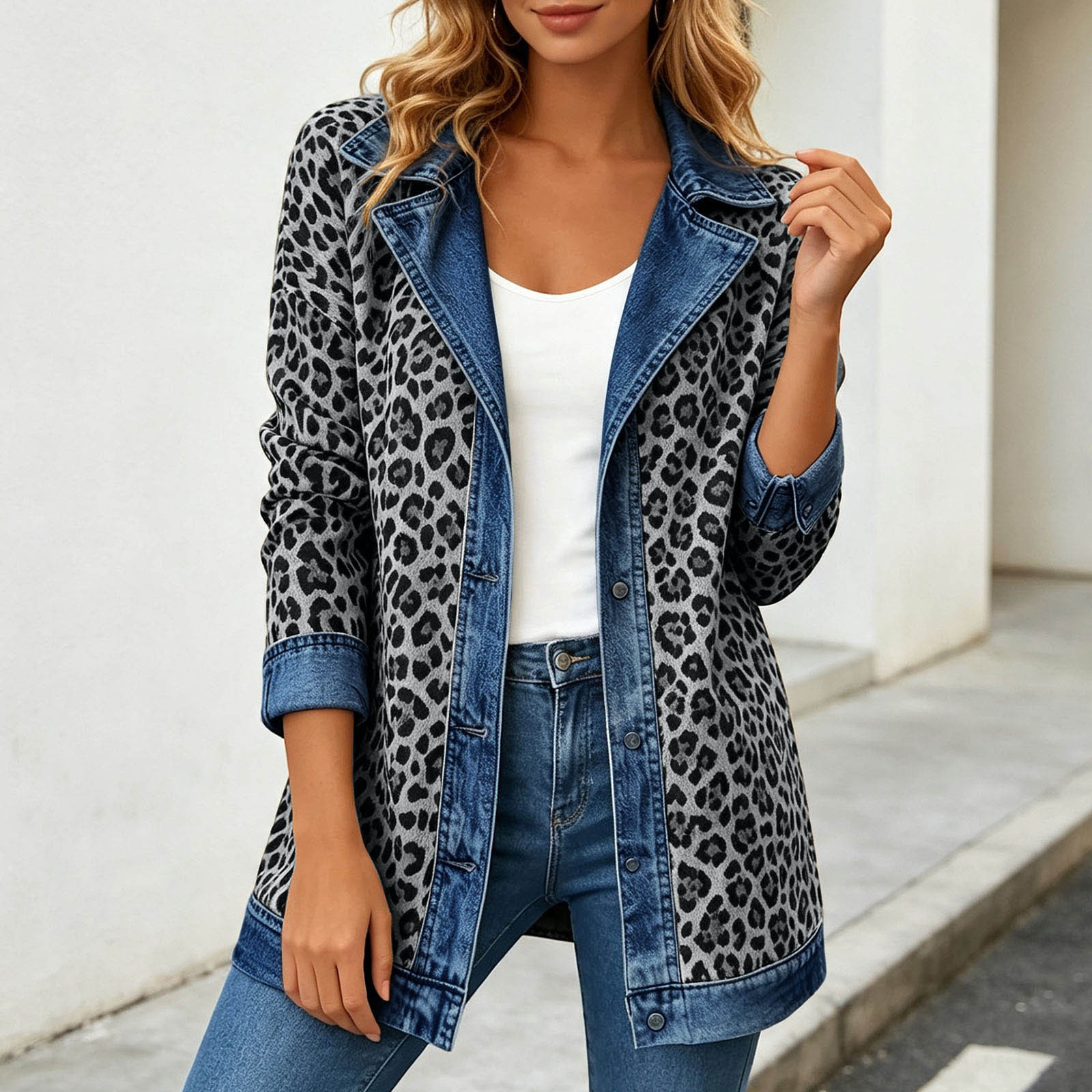 Women's Patchwork Coatigan – Relaxed Fit Denim Trim Button-Up Jacket