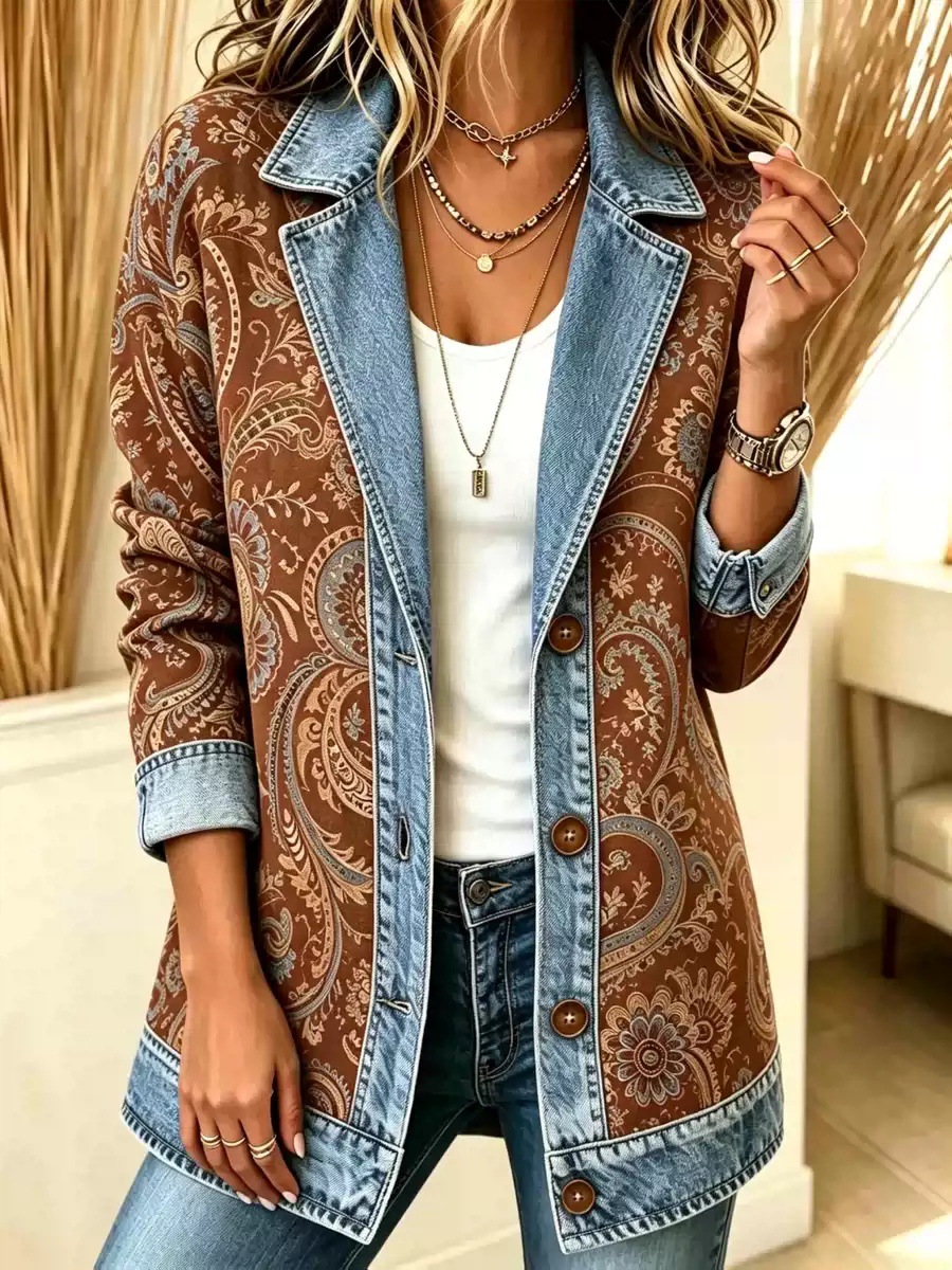 Women's Patchwork Coatigan – Relaxed Fit Denim Trim Button-Up Jacket