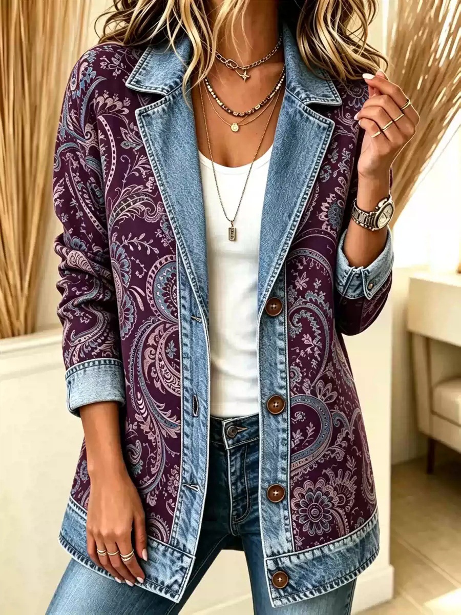 Women's Patchwork Coatigan – Relaxed Fit Denim Trim Button-Up Jacket