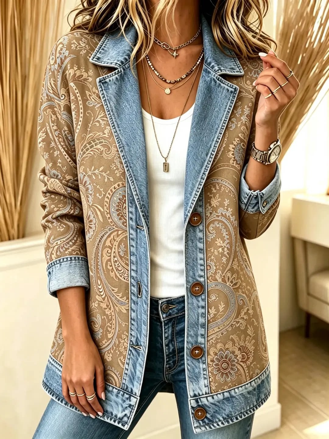 Women's Patchwork Coatigan – Relaxed Fit Denim Trim Button-Up Jacket
