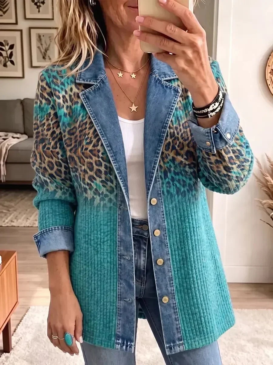 Women's Patchwork Coatigan – Relaxed Fit Denim Trim Button-Up Jacket