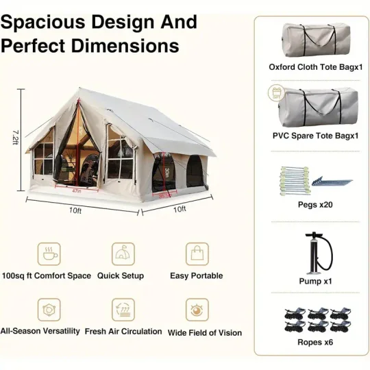 Tienda inflable para acampar 5~8 personas Gran carpa inflable para casa, sin necesidad de montaje Tienda de glamping de lujo, 10x10 pies