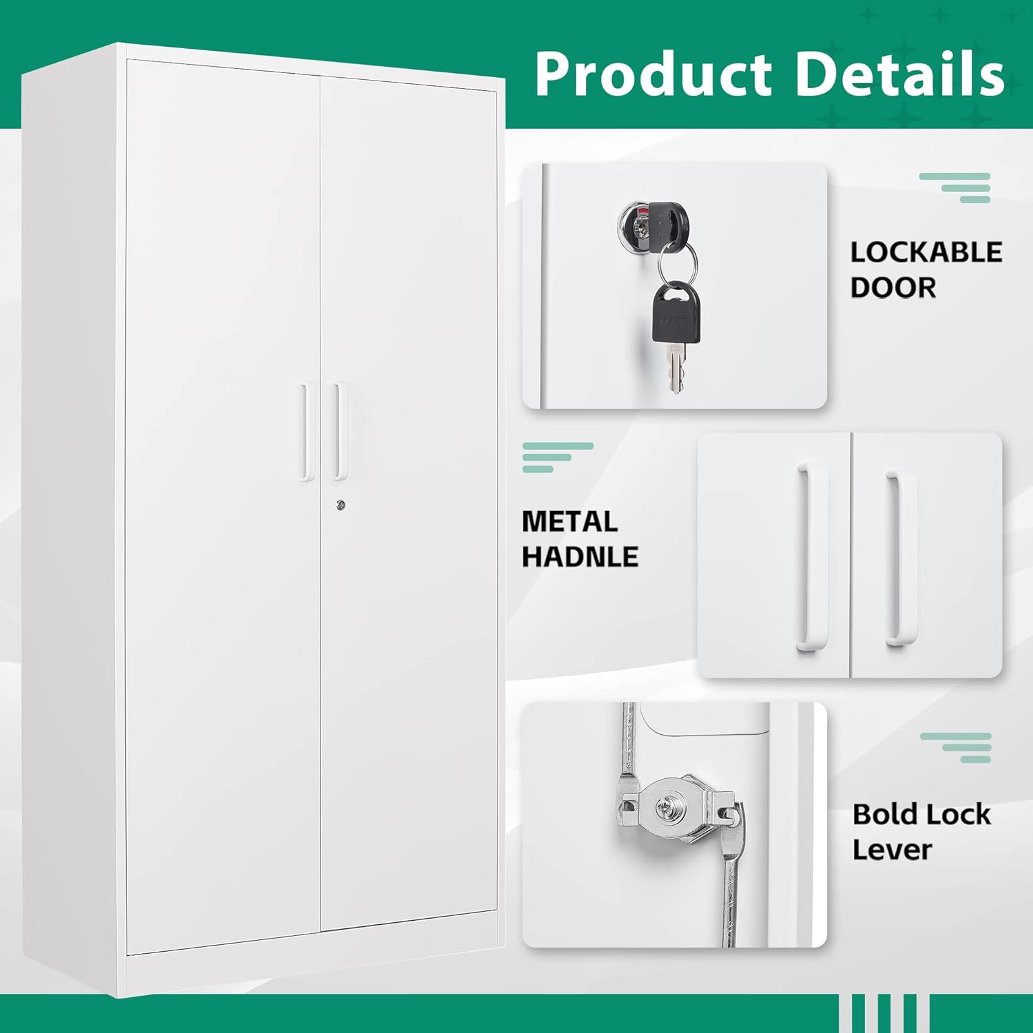 Letaya - Armarios de almacenamiento de metal con puerta de cerradura, armarios de acero, 5 estantes ajustables para el hogar, oficina, almacén (blanco)