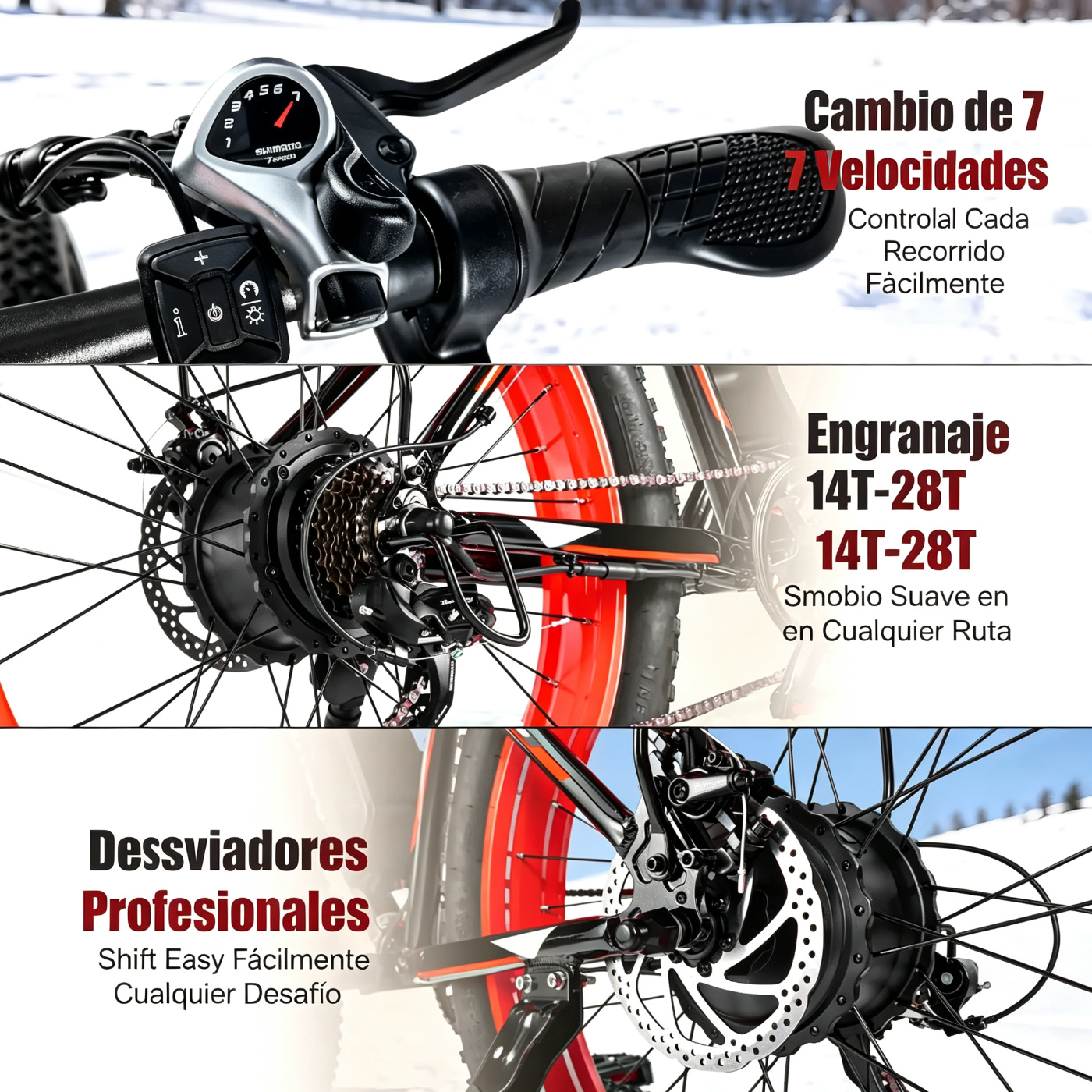 Bicicleta eléctrica con motor de 1500 W de potencia máxima, suspensión delantera, batería de 48 V y 15 Ah, neumáticos de 26" x 4,0", velocidad superior a 30 mph y autonomía de 70 millas; ideal para nieve, montaña y carretera.