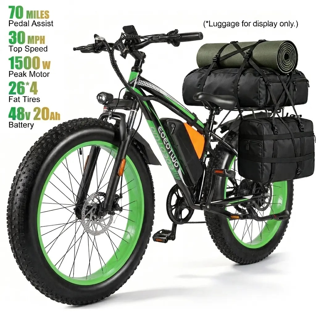 Bicicleta eléctrica con motor de 1500 W de potencia máxima, suspensión delantera, batería de 48 V y 15 Ah, neumáticos de 26" x 4,0", velocidad superior a 30 mph y autonomía de 70 millas; ideal para nieve, montaña y carretera.