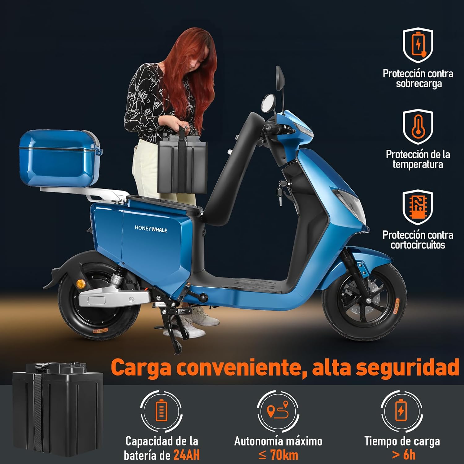 HONEYWHALE i009 Moto Bicicleta Electrica para Adultos, Scooter Inteligente con Batería de Litio Extraíble de 24AH, 800W Motor, Velocidad Máxima 50KM/H, Autonomía 70KM, Sistema Antirrobo