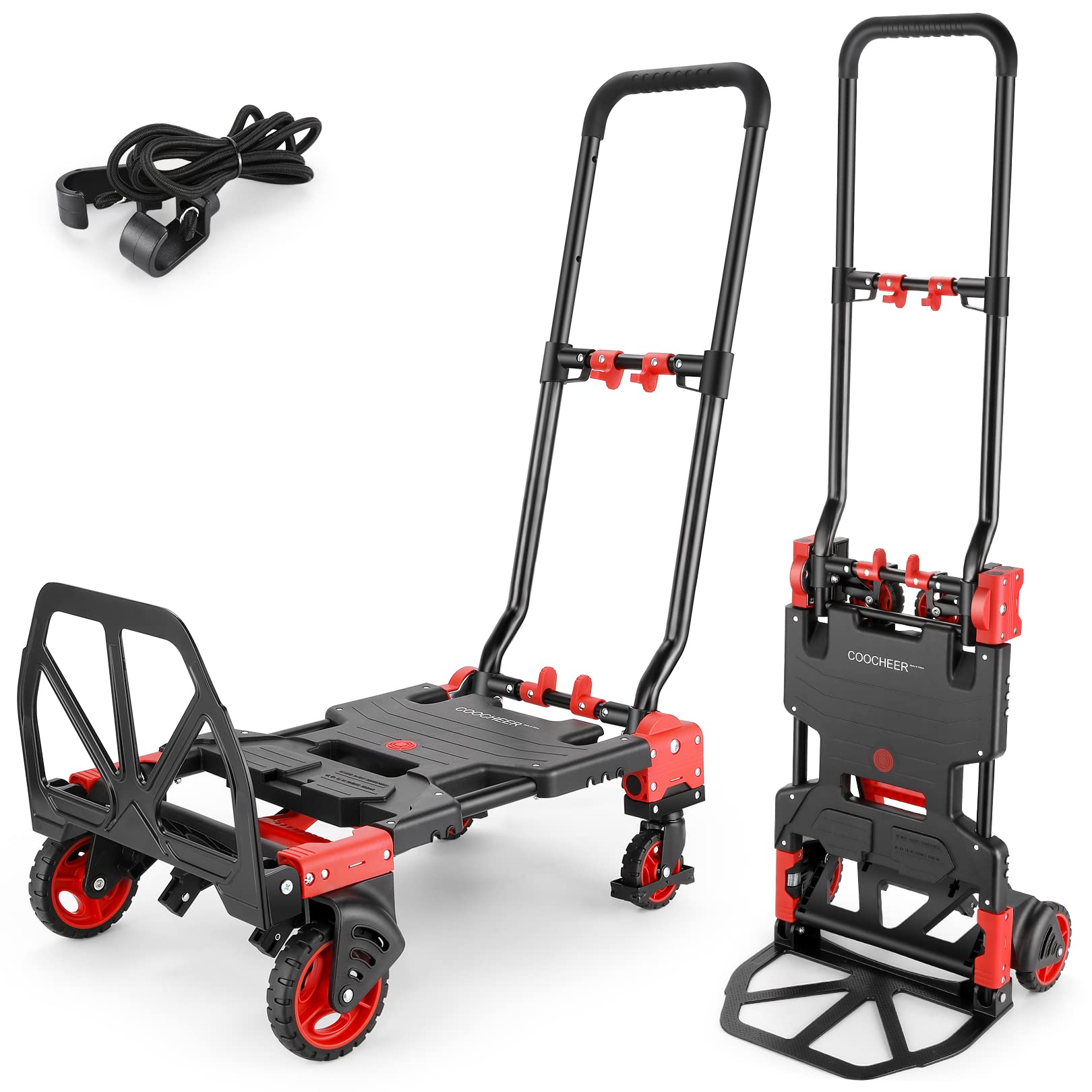 Carro de mano plegable COOCHEER de 350 lbs, combinación de cuatro y dos ruedas, rojo