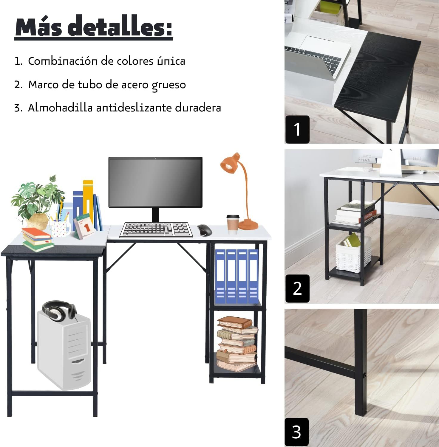 GOMYHOME Escritorio para computadora en Forma de L Escritorio para Juegos de computadora Estación de Trabajo para Escritura Cinturón de Estudio para Oficina en casa Escritorio Grande de 124 cm (Negro)