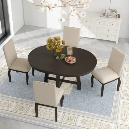 Juego de mesa de comedor de 5 piezas, mesa redonda extensible con base en forma de X y 4 sillas tapizadas, longitud ajustable de 42 a 58 pulgadas