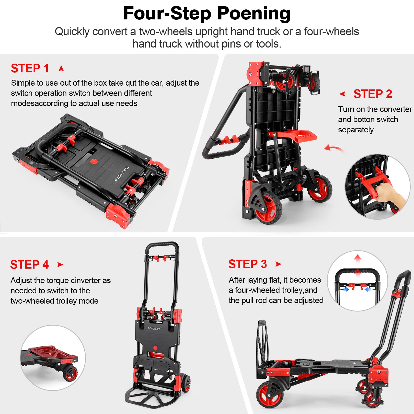 Carro de mano plegable COOCHEER de 350 lbs, combinación de cuatro y dos ruedas, rojo