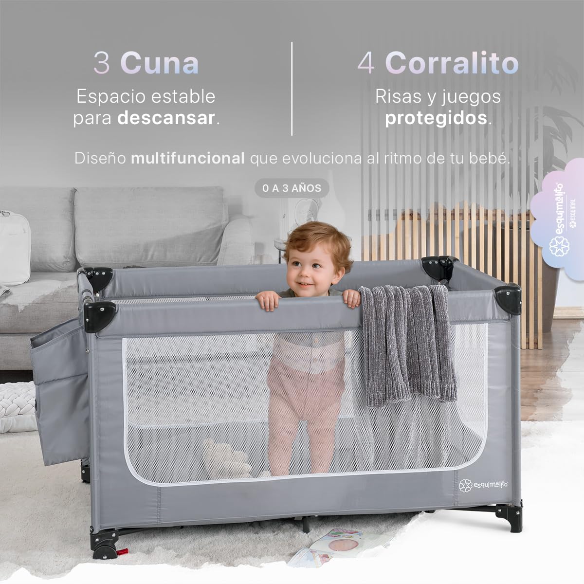 ESQUIMAL Cuna Corral de Viaje para Bebé 4 en 1 Colecho Moisés Gris