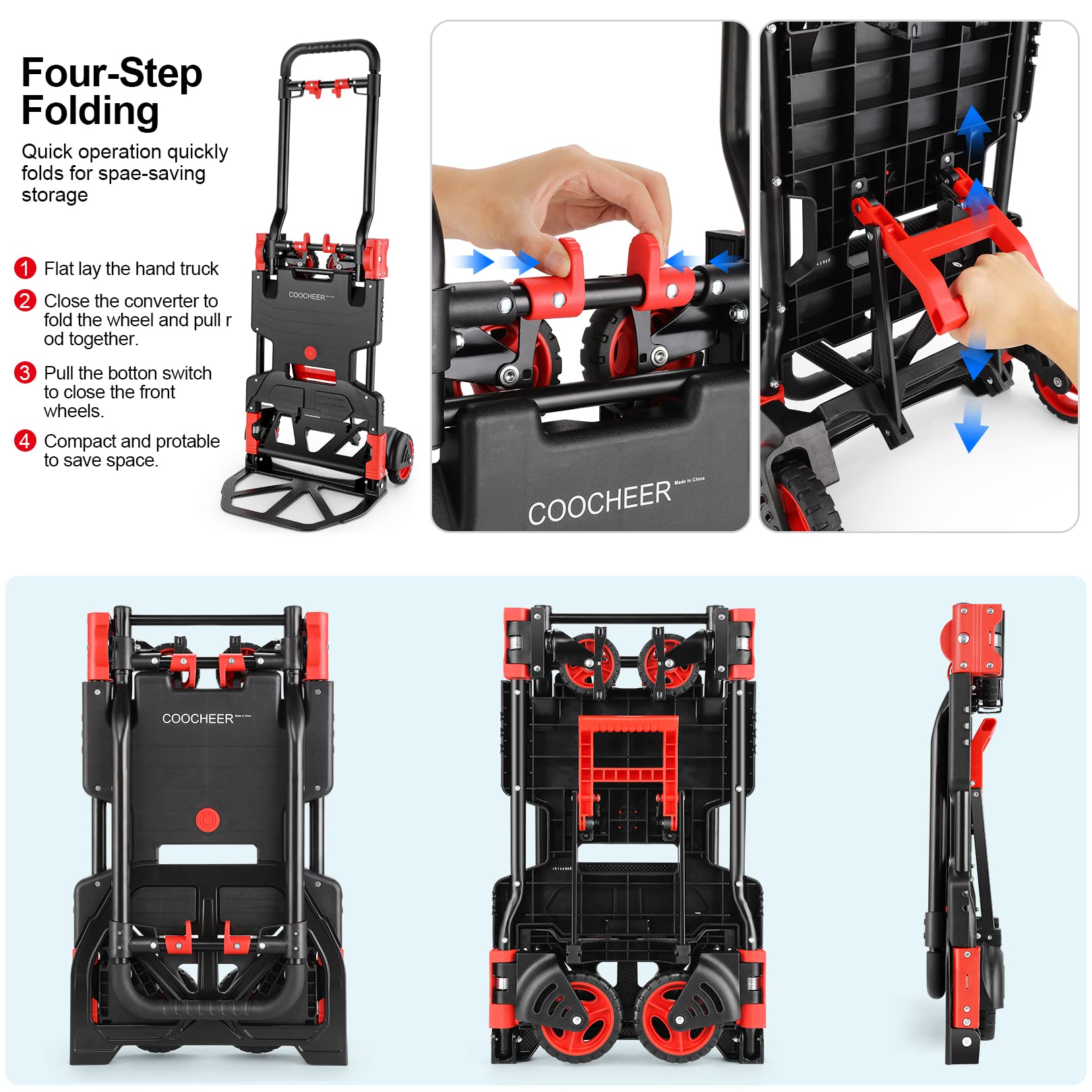 Carro de mano plegable COOCHEER de 350 lbs, combinación de cuatro y dos ruedas, rojo