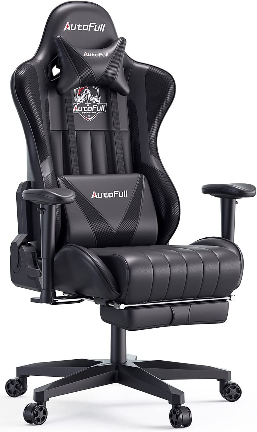 AutoFull Silla Gaming Ergonómica Silla de Oficina Silla Gamer Cuero de PU Silla de Escritorio,Altura e inclinación Ajustables,Soporte Lumbar y reposapiés,Negro
