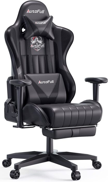 AutoFull Silla Gaming Ergonómica Silla de Oficina Silla Gamer Cuero de PU Silla de Escritorio,Altura e inclinación Ajustables,Soporte Lumbar y reposapiés,Negro