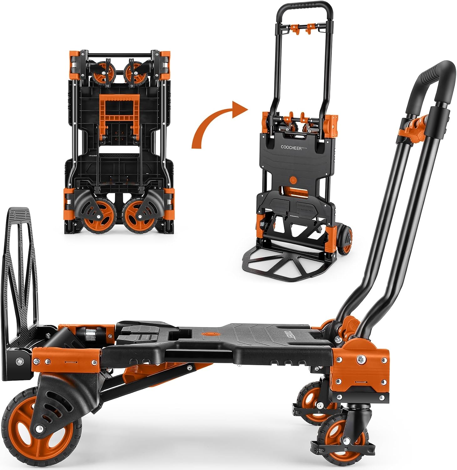 Carro de mano plegable COOCHEER de 350 lbs, combinación de cuatro y dos ruedas, rojo