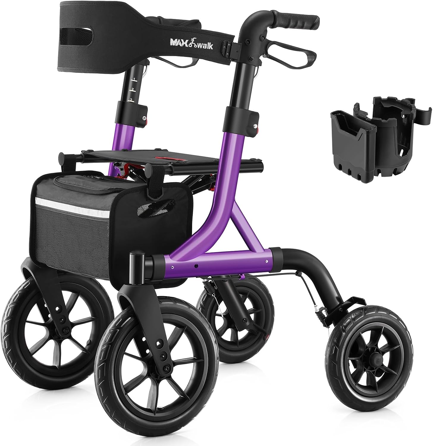 Caminadores para adultos mayores, andador con asiento, ruedas de goma de 12" para todo terreno, con respaldo, cable integrado, portavasos, plegable y ajuste de altura para adultos mayores (dorado‌)