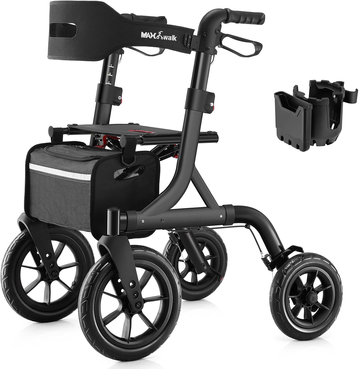 Caminadores para adultos mayores, andador con asiento, ruedas de goma de 12" para todo terreno, con respaldo, cable integrado, portavasos, plegable y ajuste de altura para adultos mayores (dorado‌)