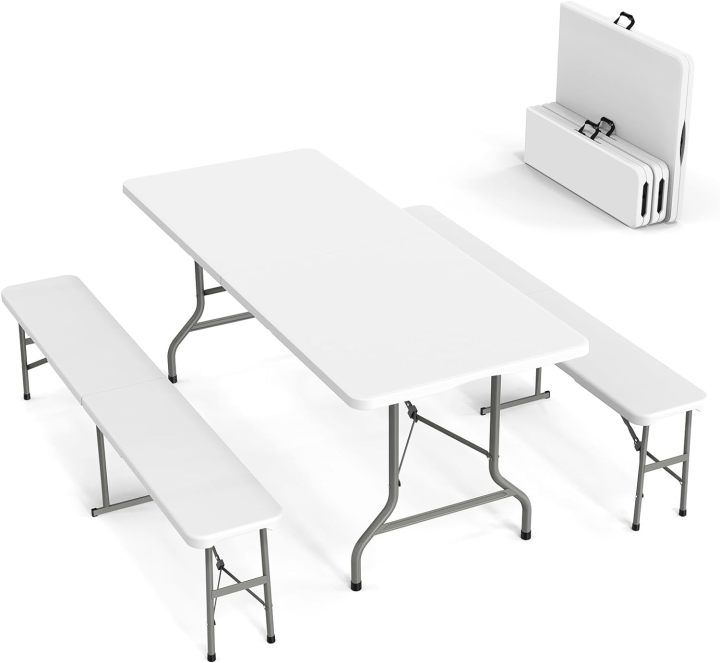 Juego de mesa de picnic con 2 bancos, juego de sillas de mesa de camping de 6 pies, muebles plegables de 3 piezas para uso interior o exterior