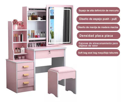 Tocador Multifuncional Moderno Con Espejo, Silla Y 4 Cajones