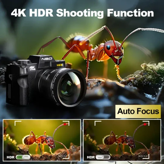 Cámaras digitales NBD S100 Pro para fotografía y vídeo 4K, cámara Vlogging de 48 MP con pantalla abatible de 180°, zoom digital 16X, flash y enfoque automático, lente macro y gran angular de 52 mm, 2 baterías, tarjeta SD de 32 GB