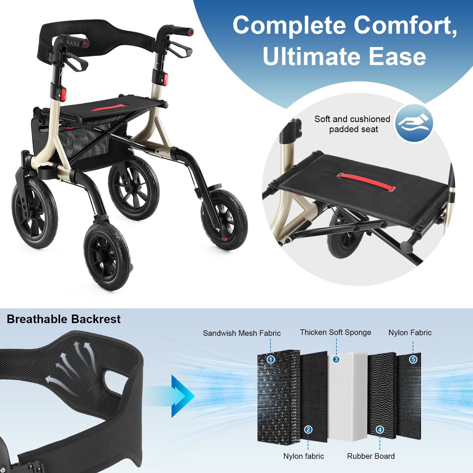 Caminadores para adultos mayores, andador con asiento, ruedas de goma de 12" para todo terreno, con respaldo, cable integrado, portavasos, plegable y ajuste de altura para adultos mayores (dorado‌)