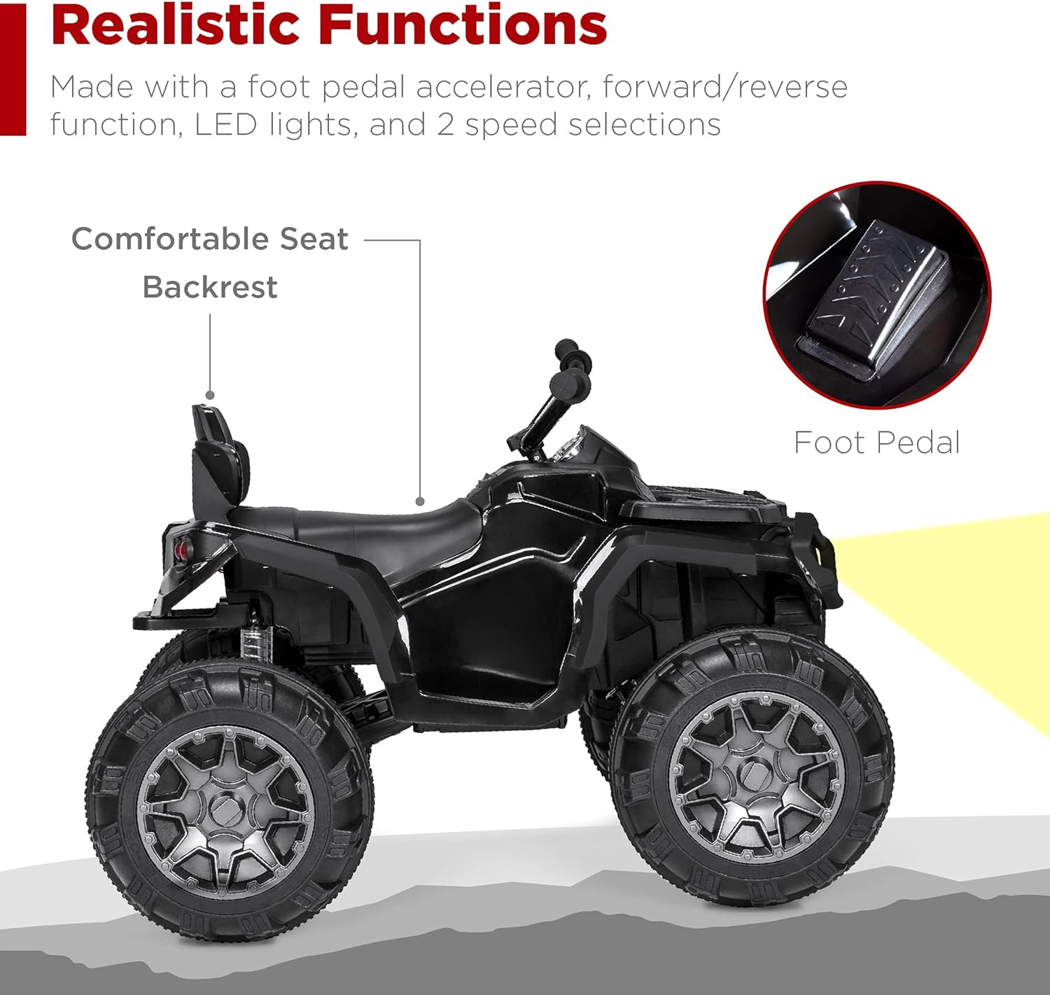 Best Choice Products 12V ATV eléctrico para niños de 4 ruedas con audio Bluetooth, velocidad máxima de 3.7 mph, neumáticos con banda de rodadura, faros LED, radio, color negro
