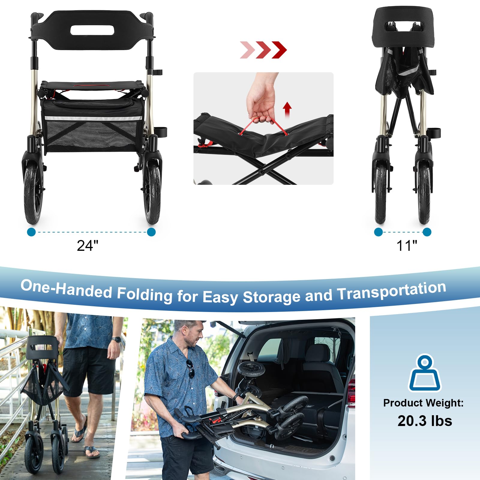 Caminadores para adultos mayores, andador con asiento, ruedas de goma de 12" para todo terreno, con respaldo, cable integrado, portavasos, plegable y ajuste de altura para adultos mayores (dorado‌)