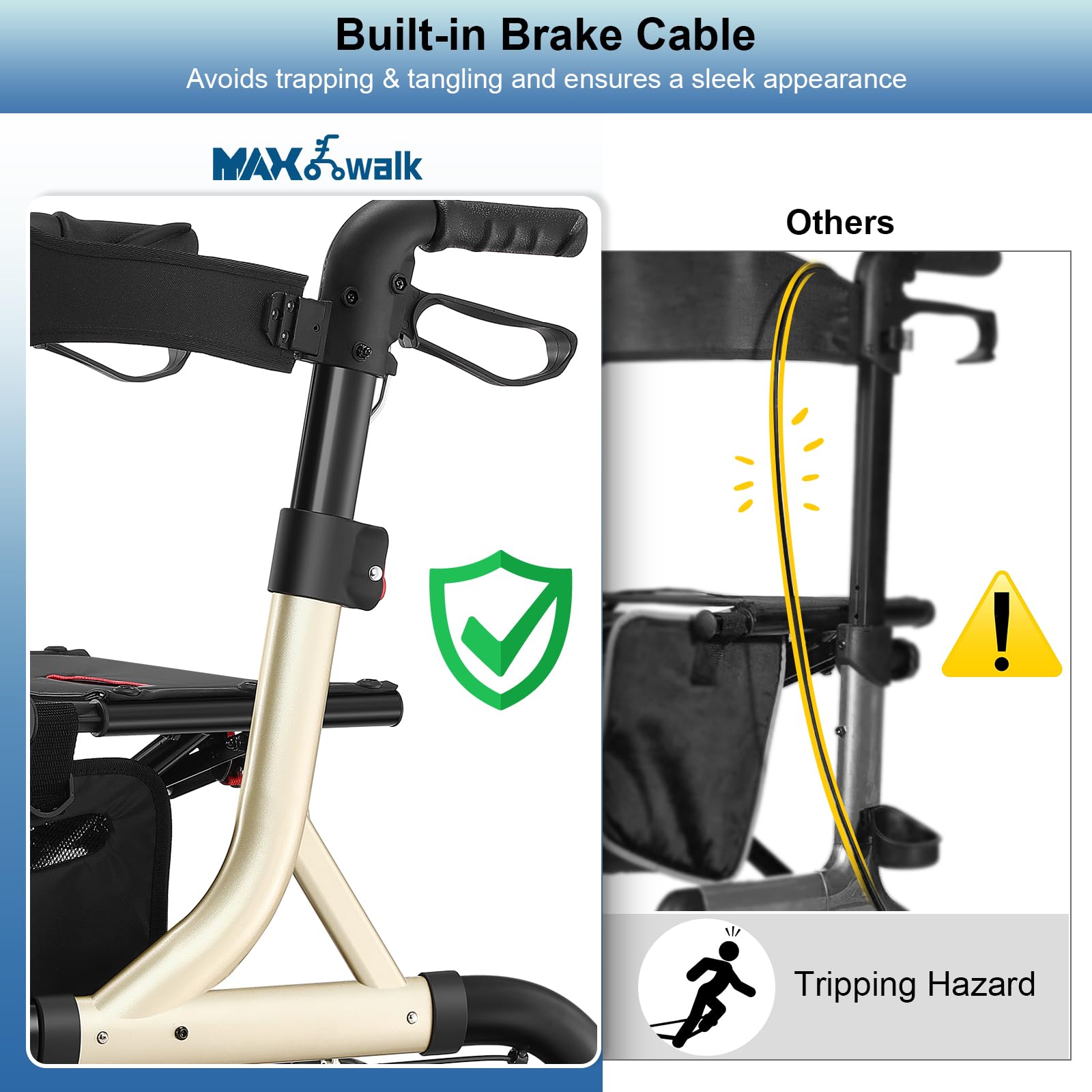 Caminadores para adultos mayores, andador con asiento, ruedas de goma de 12" para todo terreno, con respaldo, cable integrado, portavasos, plegable y ajuste de altura para adultos mayores (dorado‌)