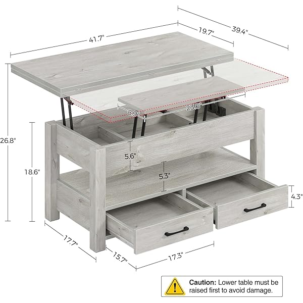 Mesa de centro con cubierta elevable, convertible, multifunción, con cajones y compartimiento oculto, se convierte en mesa de comedor, para sala de estar, oficina en casa, gris