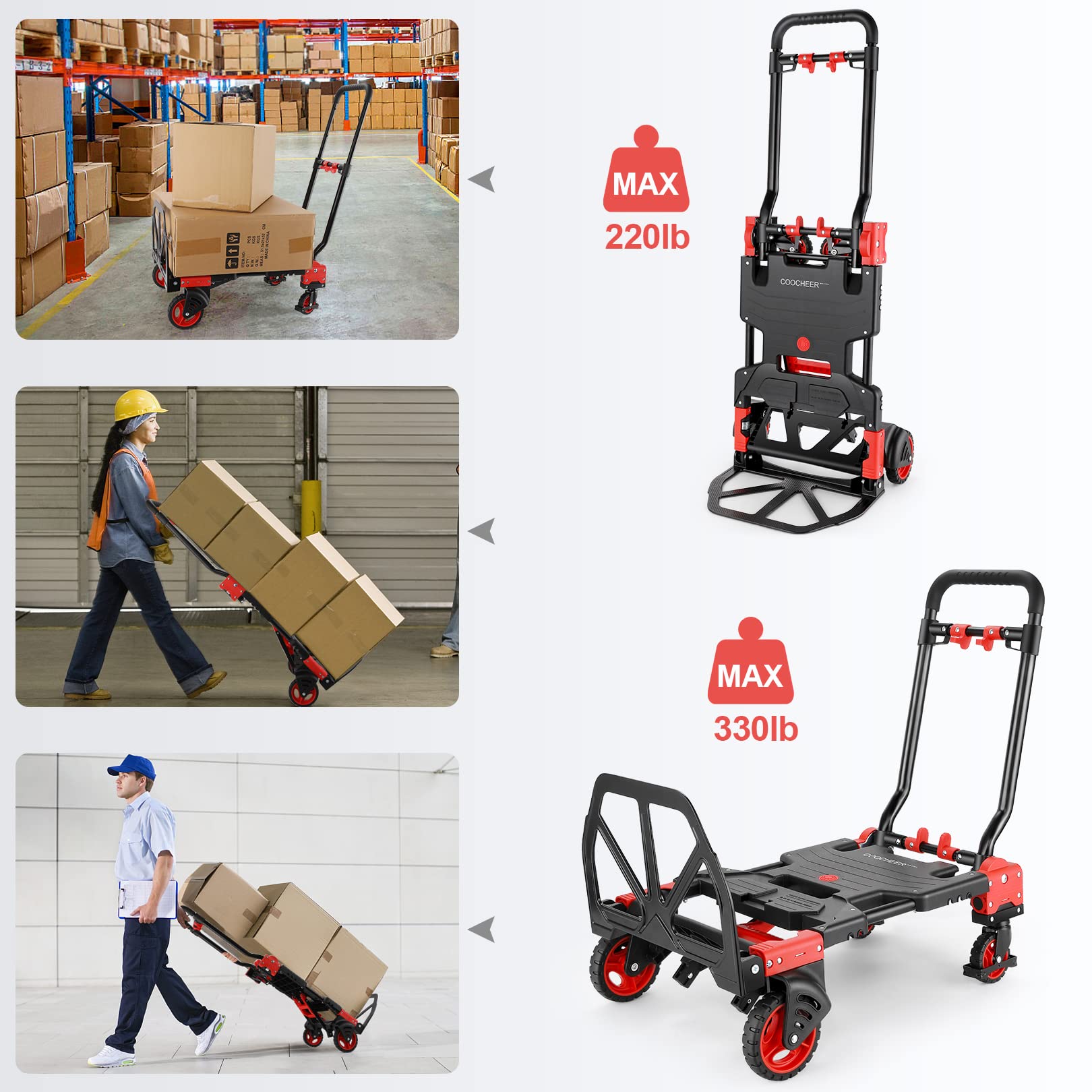 Carro de mano plegable COOCHEER de 350 lbs, combinación de cuatro y dos ruedas, rojo