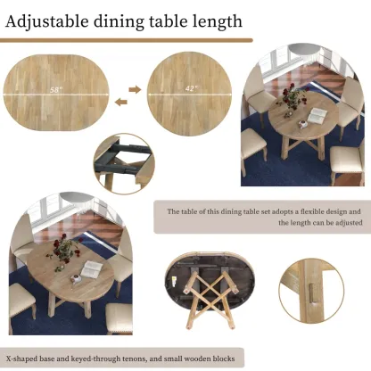 Juego de mesa de comedor de 5 piezas, mesa redonda extensible con base en forma de X y 4 sillas tapizadas, longitud ajustable de 42 a 58 pulgadas