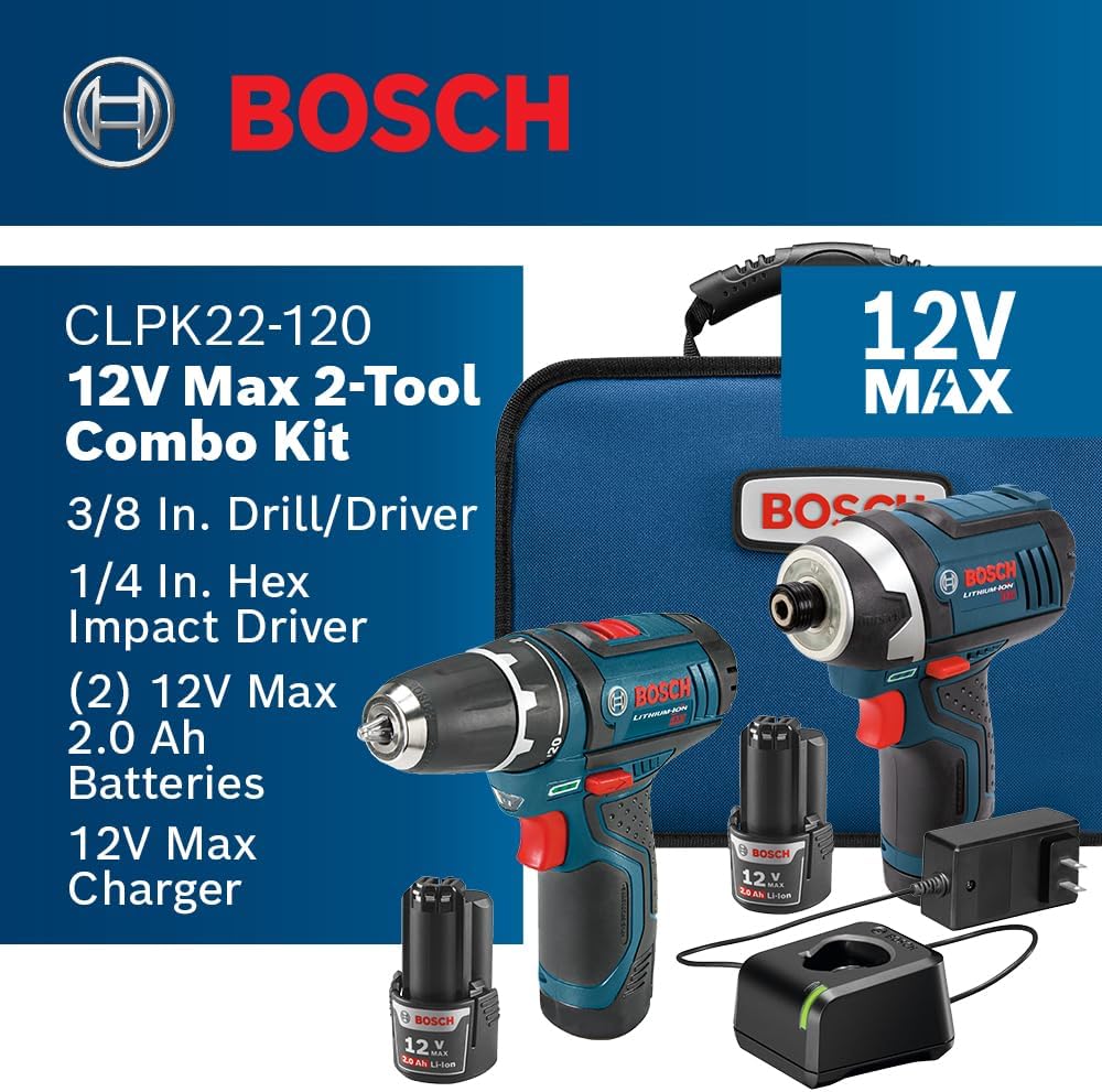 Bosch CLPK22-120 Kit combinado de 2 herramientas de 12 V máx. con Taladro/Atornillador de 3/8", Atornillador de impacto y (2) baterías de 2.0 Ah