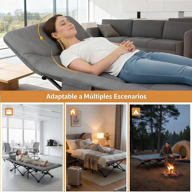 Cama Plegable Extra Grande Gris de 65*180 Cm para Exteriores – Portátil para Camping, Estadios, Viajes y Oficina. Estructura de Metal Resistente con Bolsillos Laterales de Almacenamiento.