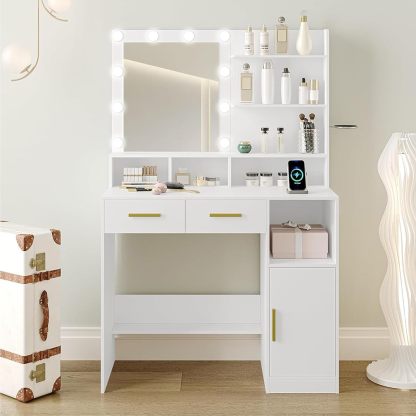 Tocador Vanity con Luz LED Regulable, Tocador de Maquillaje con 2 Cajones y 6 Estantes Abiertos Mesa de Maquillaje, Espejo de Pantalla Táctil Iluminado Ajustable (Blanco)