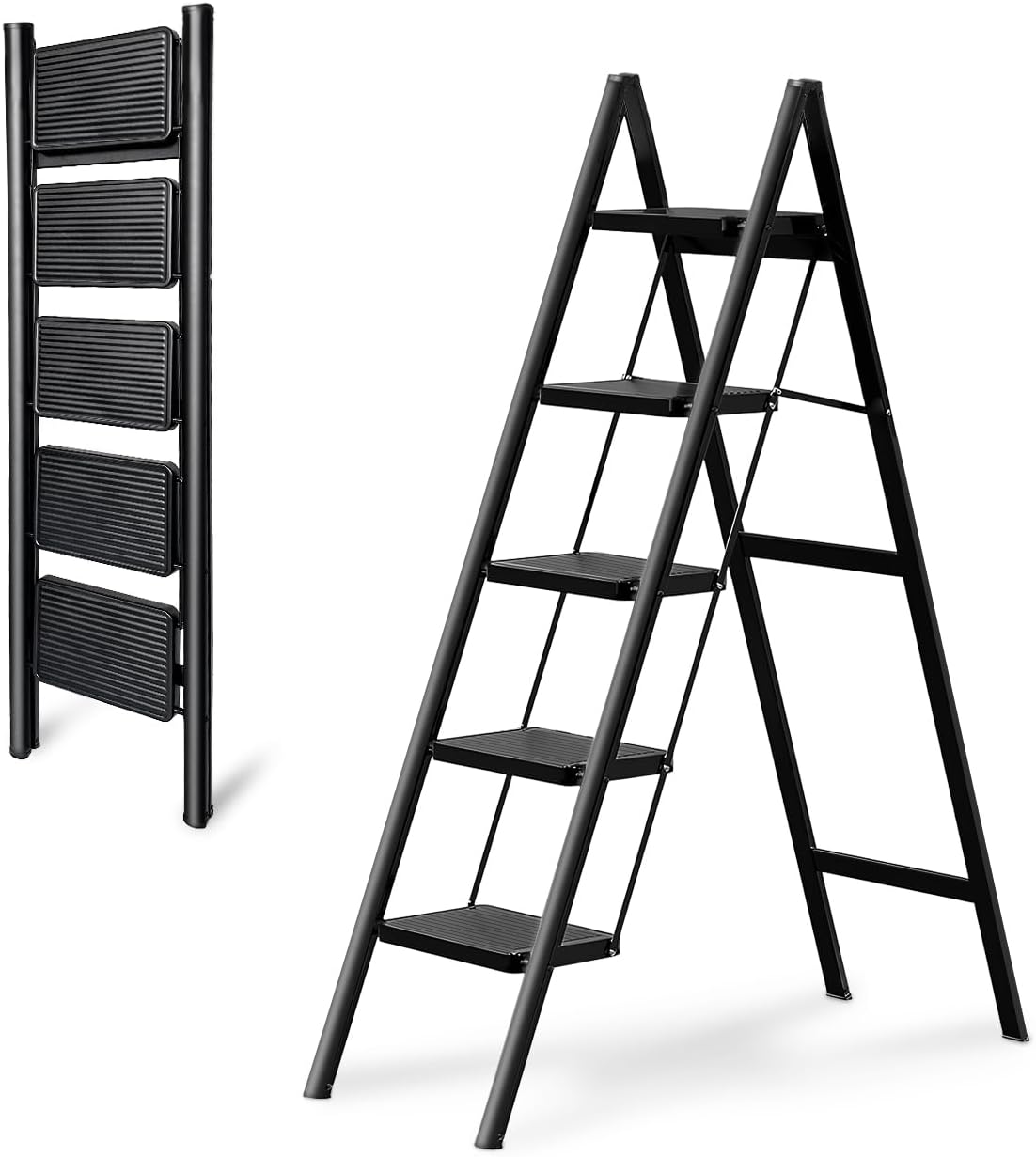 Escalera plegable de 5 peldaños de carga de 350 libras para el hogar/interior, escalera alta de cocina/clóset para adultos, escalera ligera compacta con pedal ancho antideslizante, color