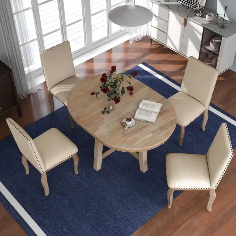 Juego de mesa de comedor de 5 piezas, mesa redonda extensible con base en forma de X y 4 sillas tapizadas, longitud ajustable de 42 a 58 pulgadas