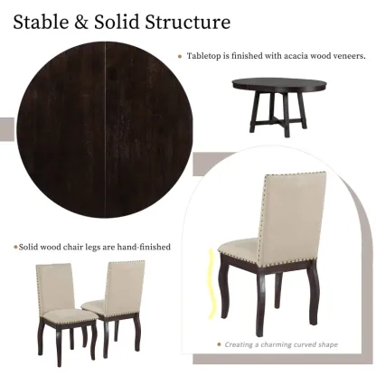 Juego de mesa de comedor de 5 piezas, mesa redonda extensible con base en forma de X y 4 sillas tapizadas, longitud ajustable de 42 a 58 pulgadas